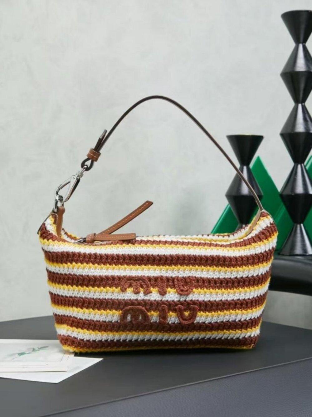 Miu Miu Striped Knit Crochet Shoulder Hobo Bag